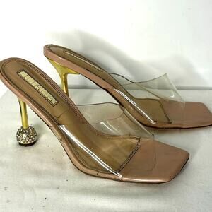 LILIANA Clear PVC Mule Heels Rhinestone Disco Ball Heel Nude Womens 9